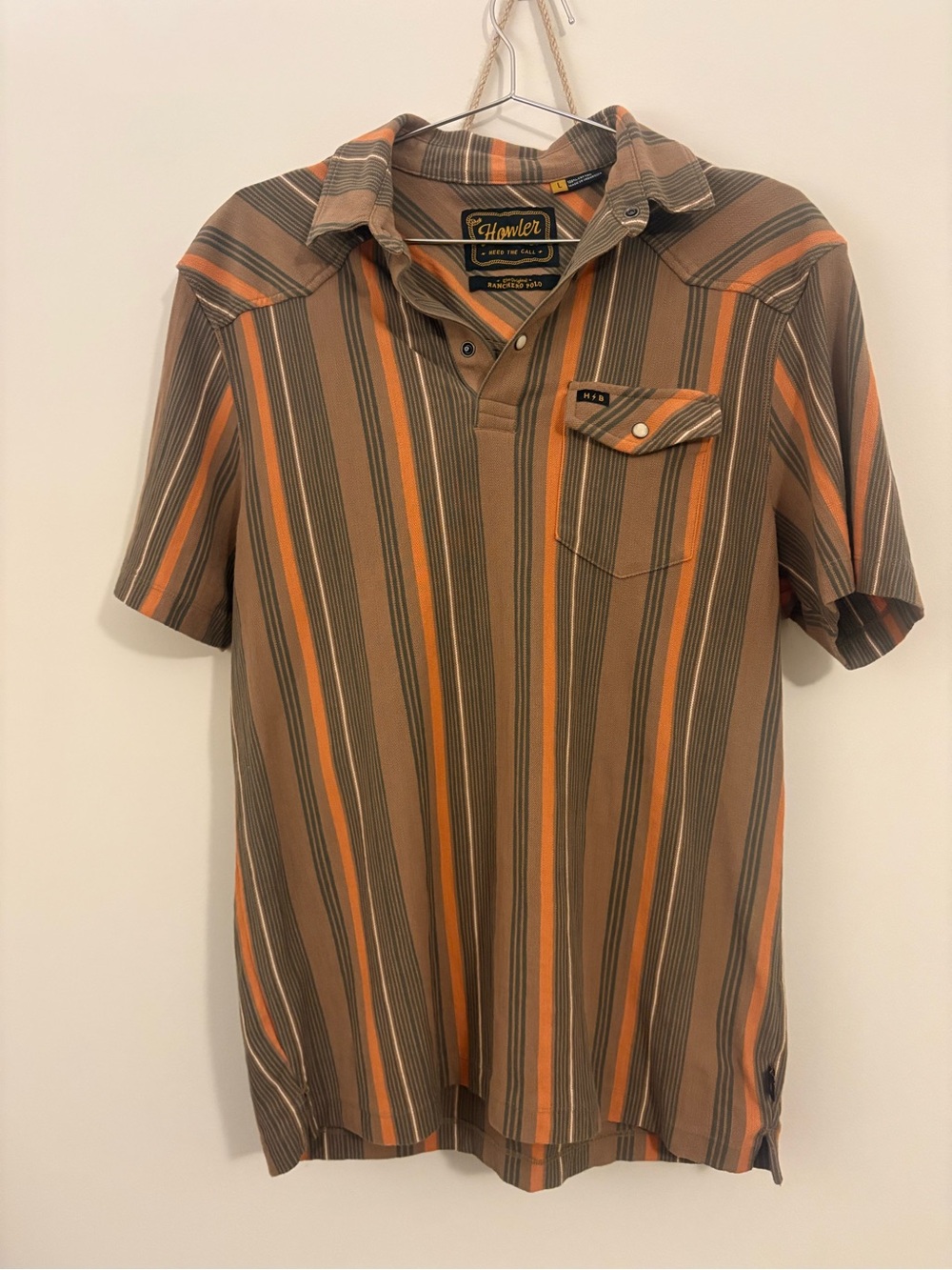 Howler Brothers Brown and Orange Striped Polo